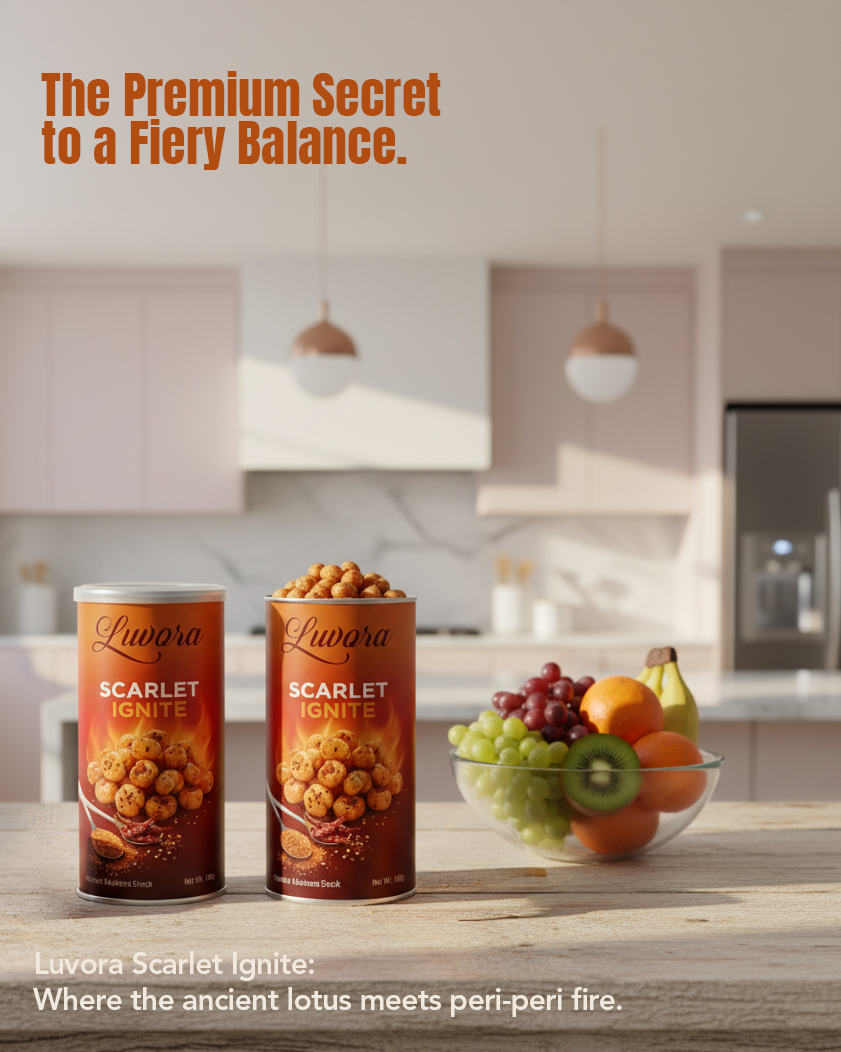 Advertisement for Luwora Scarlet Ignite: two snack cans on a kitchen counter beside a fruit bowl; tagline reads 'The Premium Secret to a Fiery Balance.'