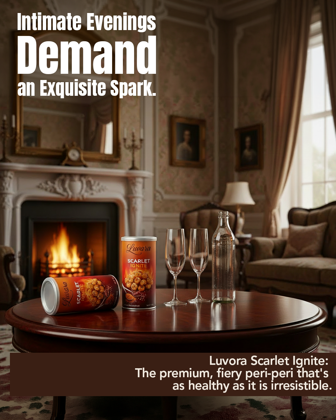 Elegant living room with a crackling fire; on a round table sit two product tins, a bottle, and three champagne flutes beneath the bold headline about an exquisite spark.