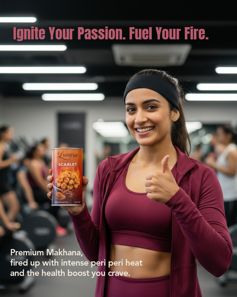 Smiling woman in a gym holds a can of Luwara Scarlet Ignite and gives a thumbs up.