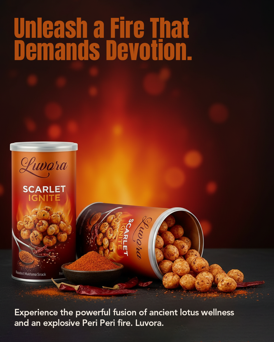 Advertisement for Luwora Scarlet Ignite snacks: two orange cans with a fiery background and the slogan 'Unleash a Fire That Demands Devotion.'