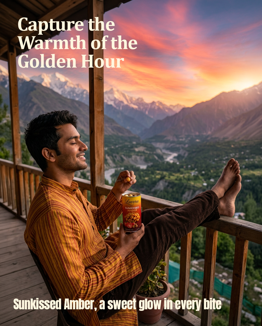 Man lounging on a wooden balcony at sunset overlooking mountains, holding a can of Luwora Sunkissed Amber snack and smiling.