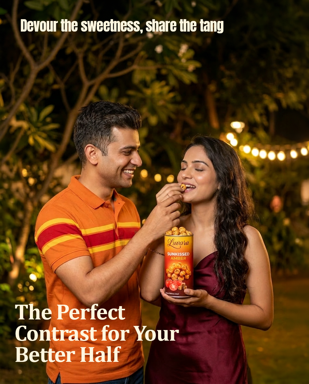A man in an orange polo feeds a bite to a woman in a burgundy dress while they share snacks outdoors at night, holding a tall tin of crispy treats with warm string lights in the background.