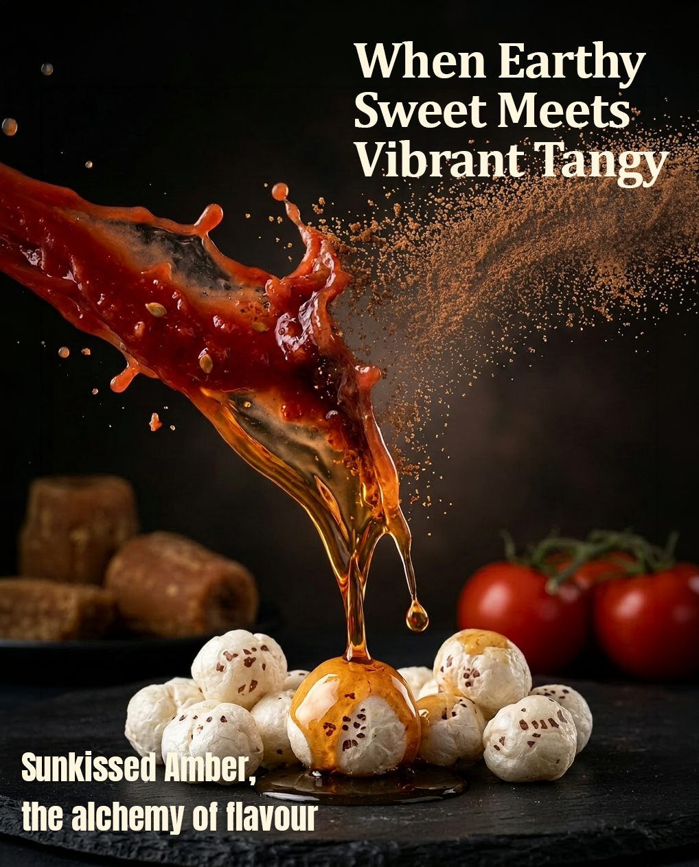 Text on image: 'When Earthy Sweet Meets Vibrant Tangy' over a splash of amber sauce pouring onto white puff pastries; dark background.