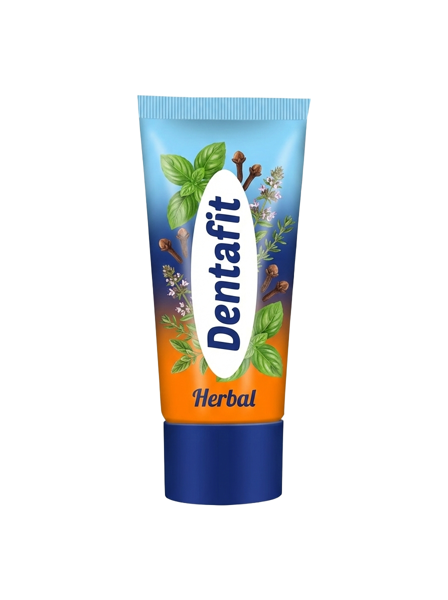 Dentafit Herbal toothpaste tube with blue cap, upright, featuring green leaves and herbs on the label.