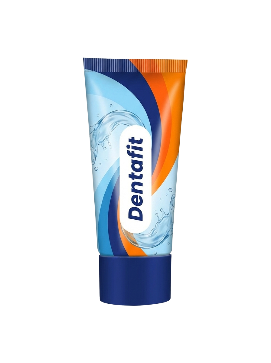 Tube of Dentafit toothpaste with blue and orange curved packaging and dark blue cap, branding visible.