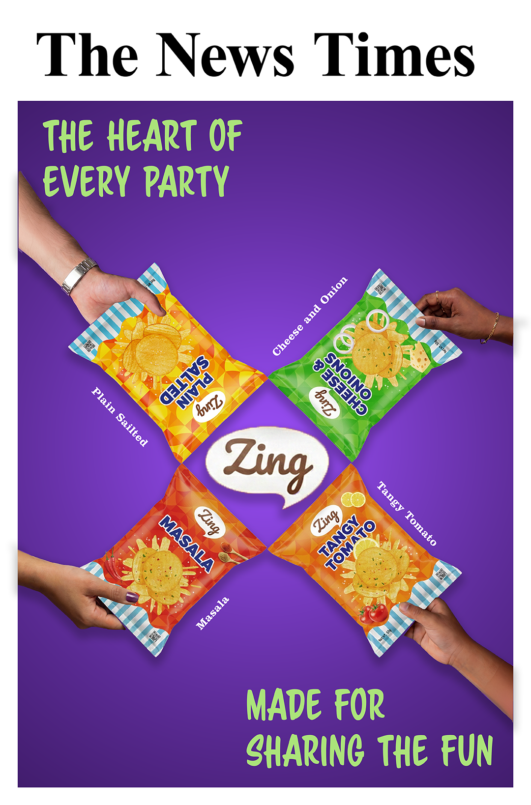 Poster-style image with 'The News Times' header and Zing snack bags arranged in a circle on a purple background.