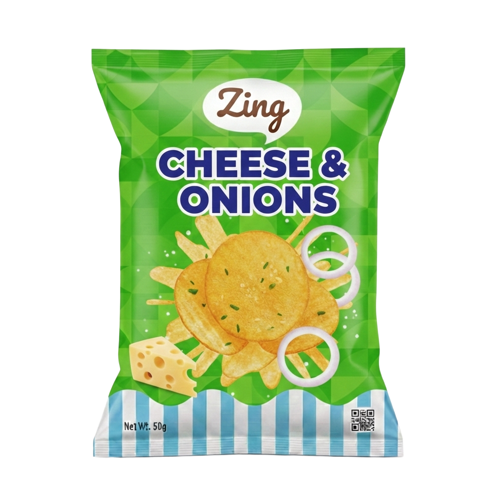 Product packaging for Zing Cheese & Onions potato chips featuring a green bag with chips and cheese graphics.