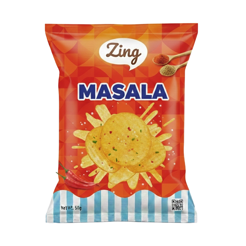 Red bag of Zing Masala potato chips with a pile of chips and a red-orange geometric background, chili pepper at the corner, and blue-and-white striped bottom edge.