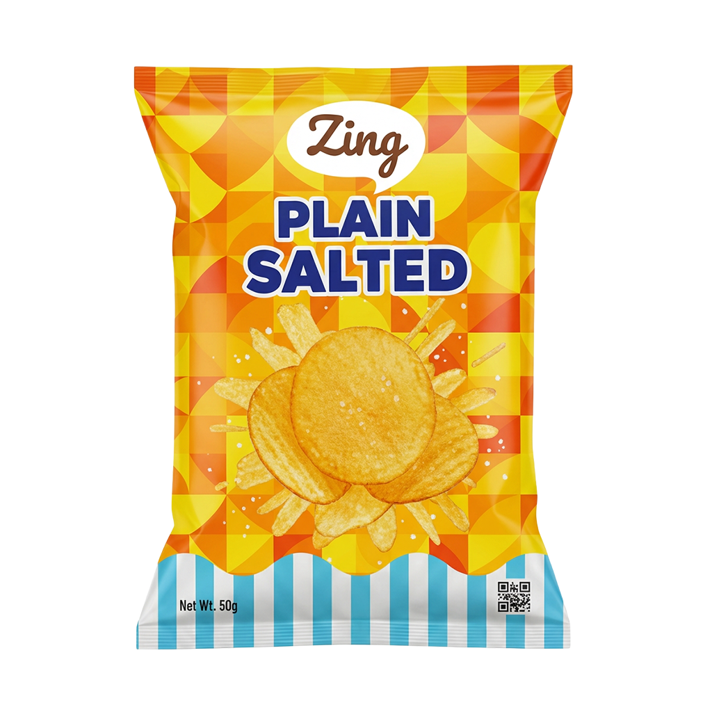 Bag of Zing Plain Salted potato chips with a bright orange-yellow geometric pattern and a stack of chips on the front, 50 g net weight shown at the bottom left.