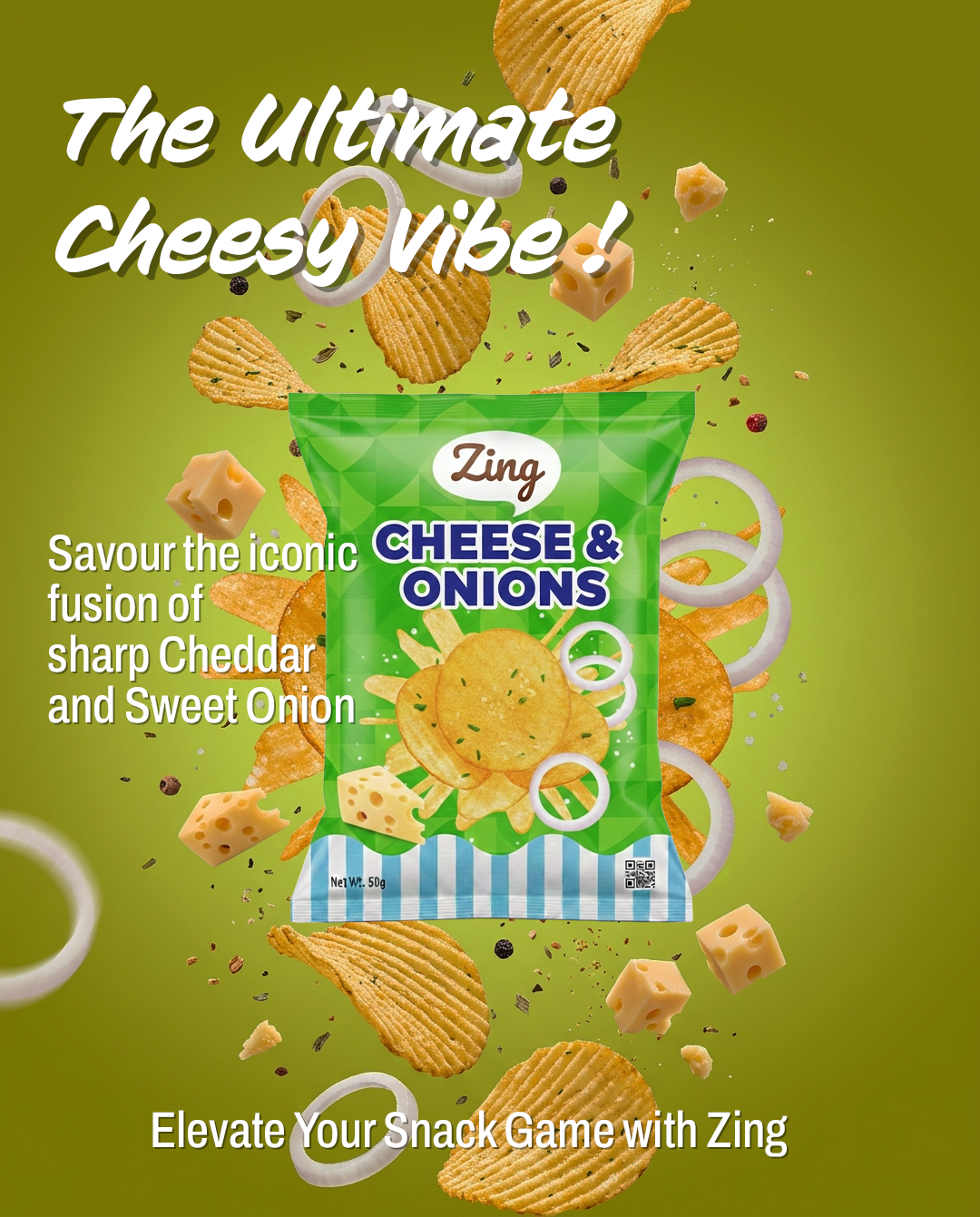 Zing Cheese & Onions chips ad: green bag with floating chips, onion rings and cheese cubes.
