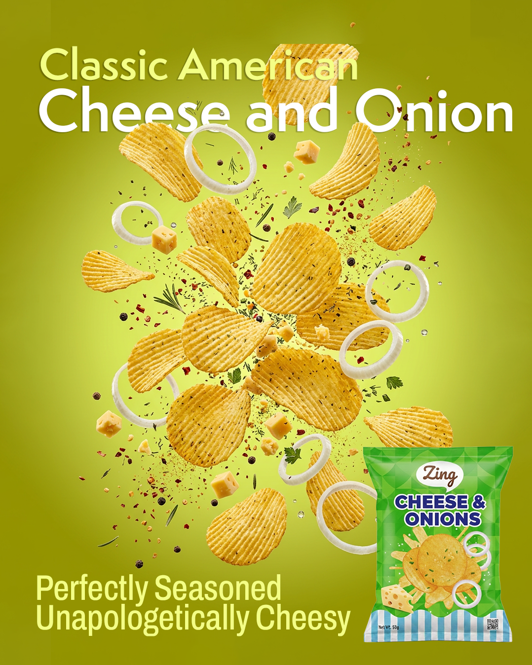 Ad for Zing Cheese & Onions chips showing a dynamic burst of ridged potato chips with onion rings and cheese bits, lime-green background, and a bag in the corner; headline reads 'Classic American Cheese and Onion' and subhead 'Perfectly Seasoned Unapologetically Cheesy'.