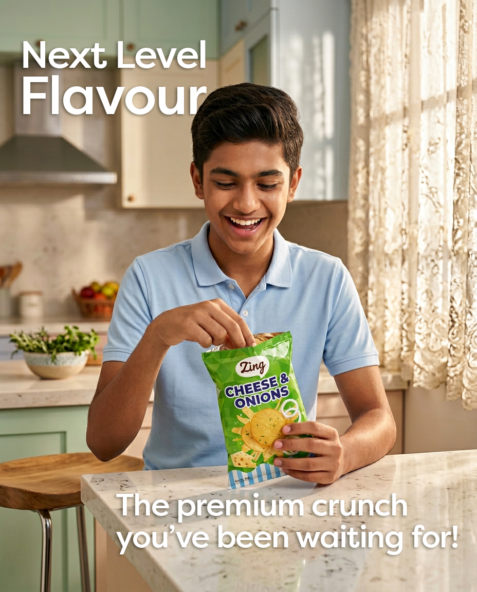 Smiling teen opens a green bag of Zing Cheese & Onions chips in a bright kitchen.