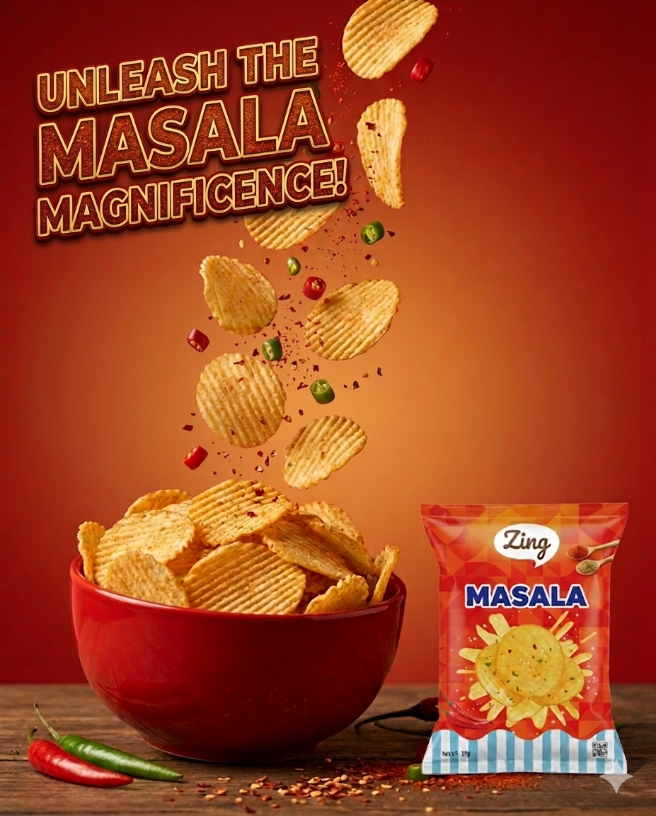 Red bowl of potato chips with a Zing Masala chip bag beside it as chips fly upward, caption reading 'Unleash the Masala Magnificence!'