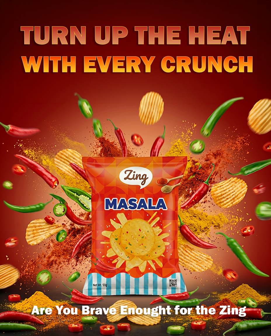 Bold ad featuring a red spice bag labeled 'Zing Masala' with chili peppers and chips exploding around it; headline reads 'TURN UP THE HEAT WITH EVERY CRUNCH'.