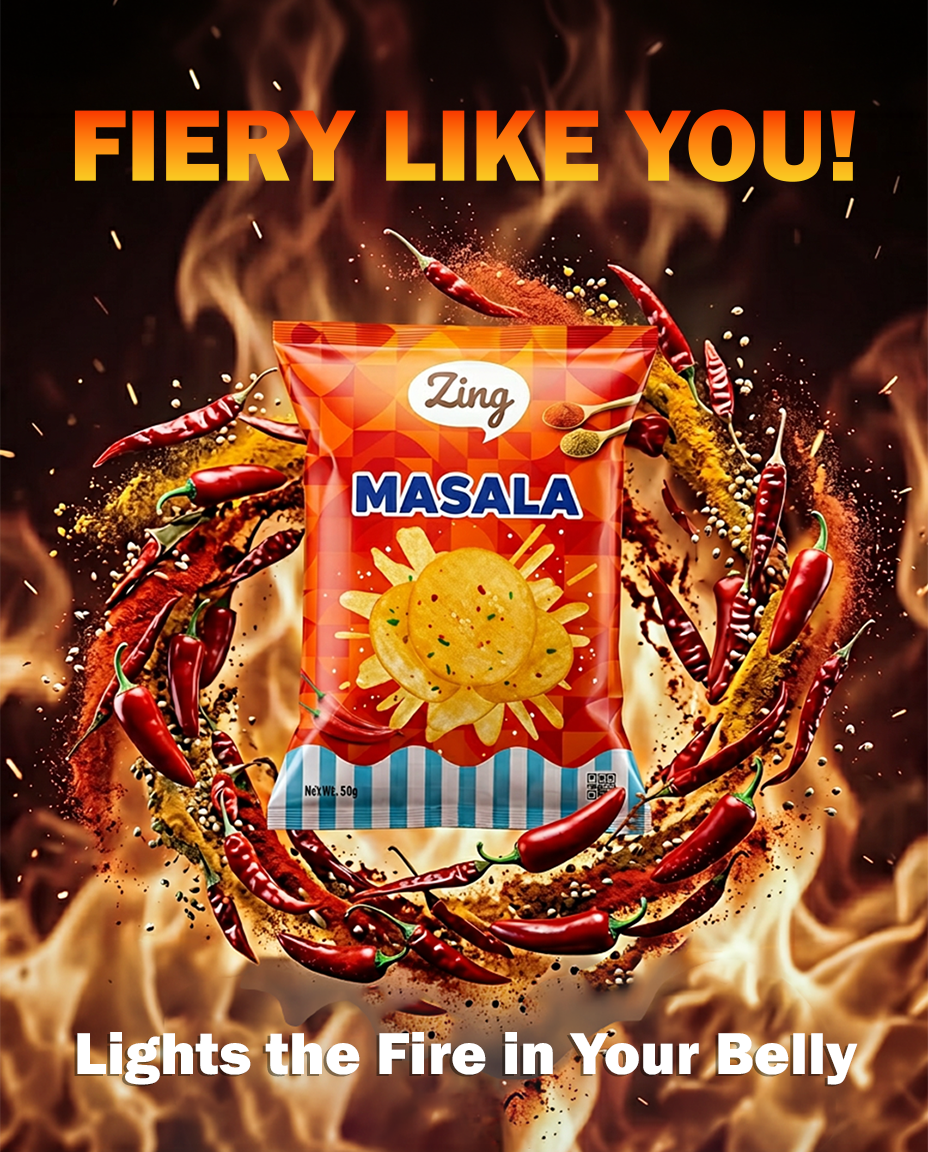 Zing Masala potato chips bag surrounded by flames and red chillies, with fiery slogan 'FIERY LIKE YOU!' and 'Lights the Fire in Your Belly'