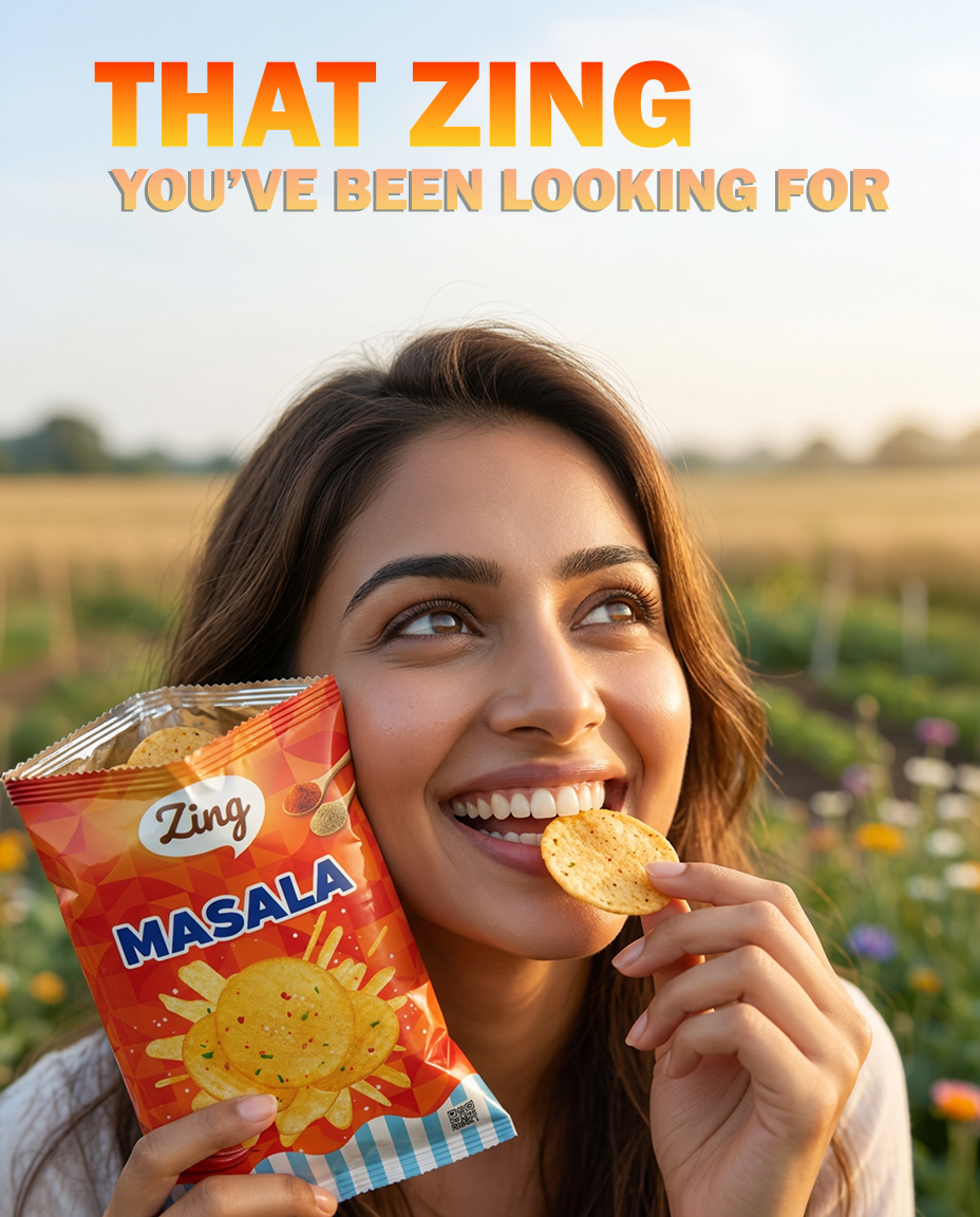 Smiling woman holding a bag of Zing Masala chips and eating a chip outdoors in a sunlit field.