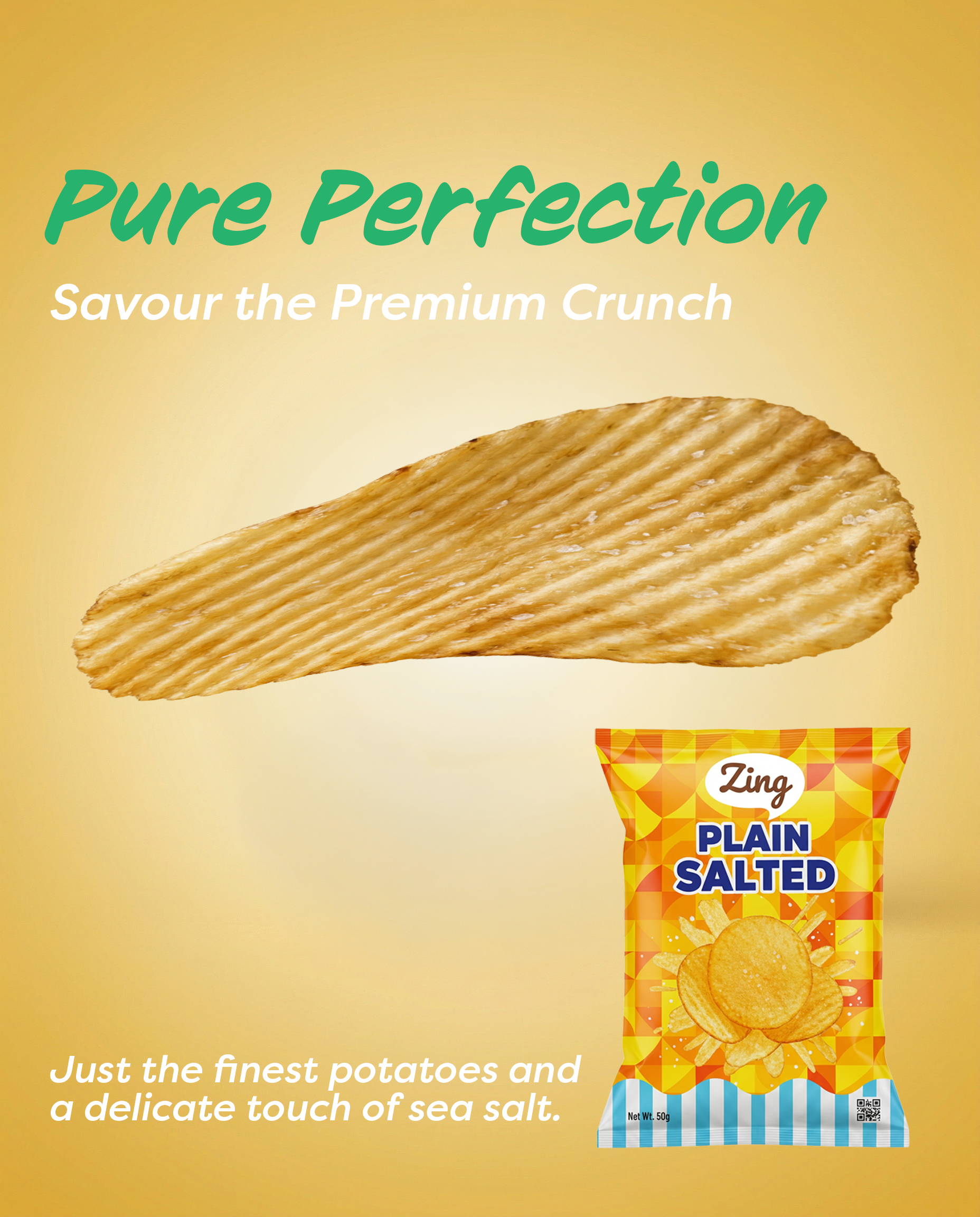 Golden gradient advertisement background with large green 'Pure Perfection' and white 'Savour the Premium Crunch' text, plus a bag of plain salted potato chips on the right.