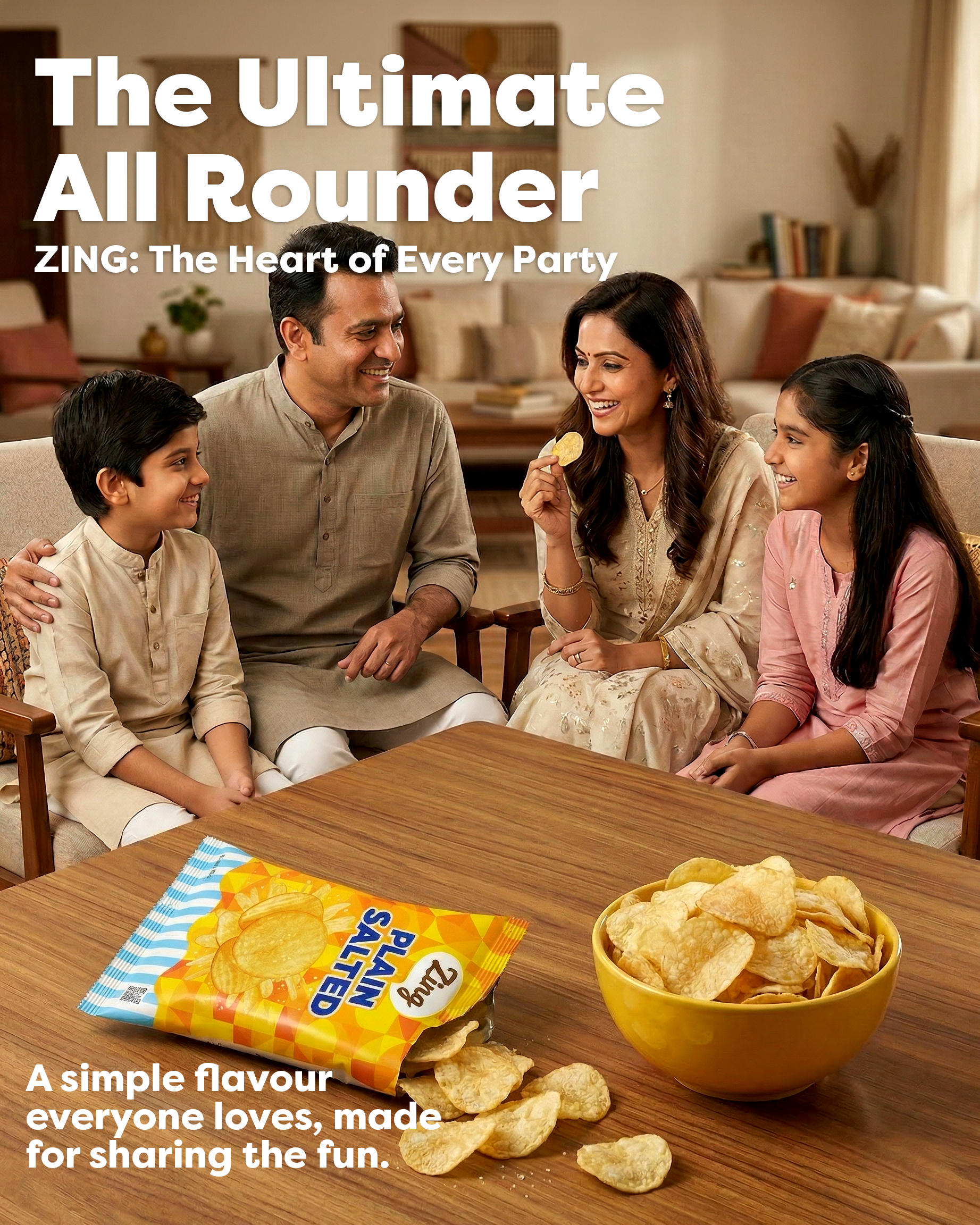 Indian family sitting together on a living room sofa, sharing potato chips from a bag on the table; bold white text overlays reads 'The Ultimate All Rounder' and 'ZING: The Heart of Every Party'.