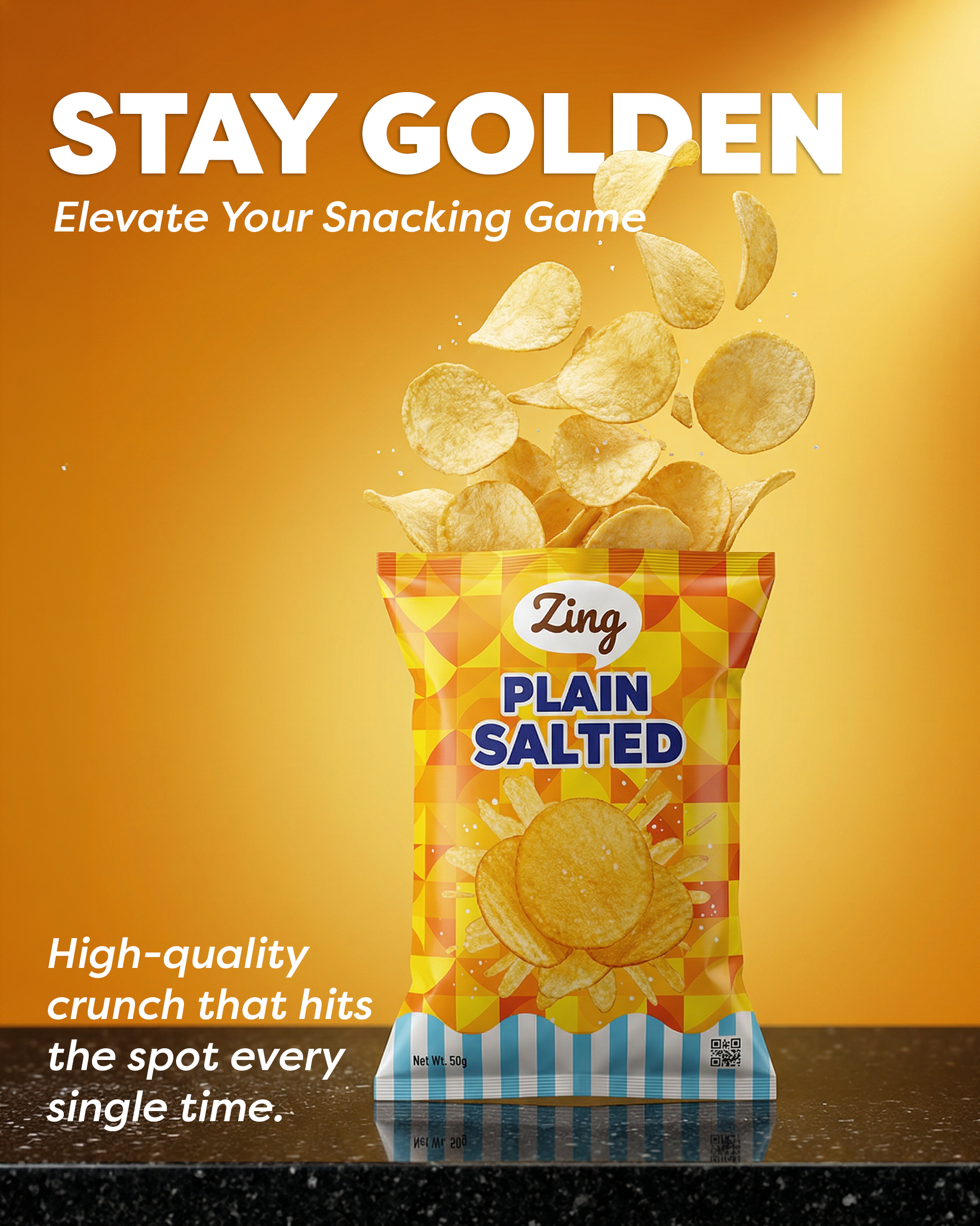 Promotional image of a plain salted chips bag with chips bursting upward and the bold text 'STAY GOLDEN' on a yellow-orange background.