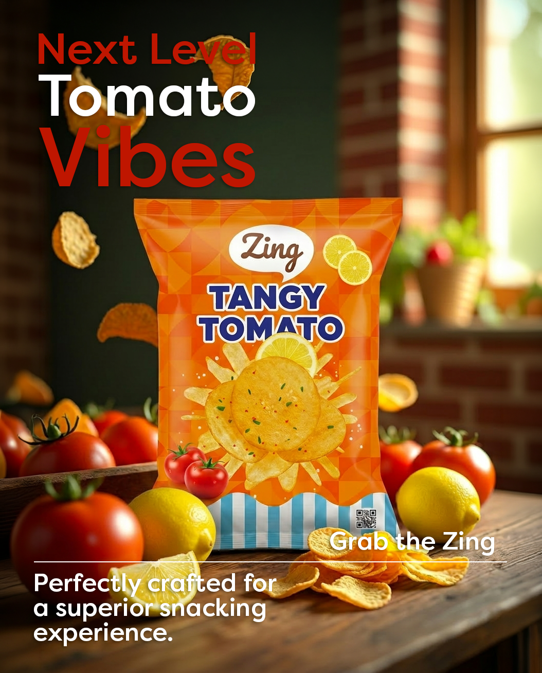 Promotional image of a bag of Zing Tangy Tomato chips on a wooden table, surrounded by tomatoes and lemons, with the headline 'Next Level Tomato Vibes'.