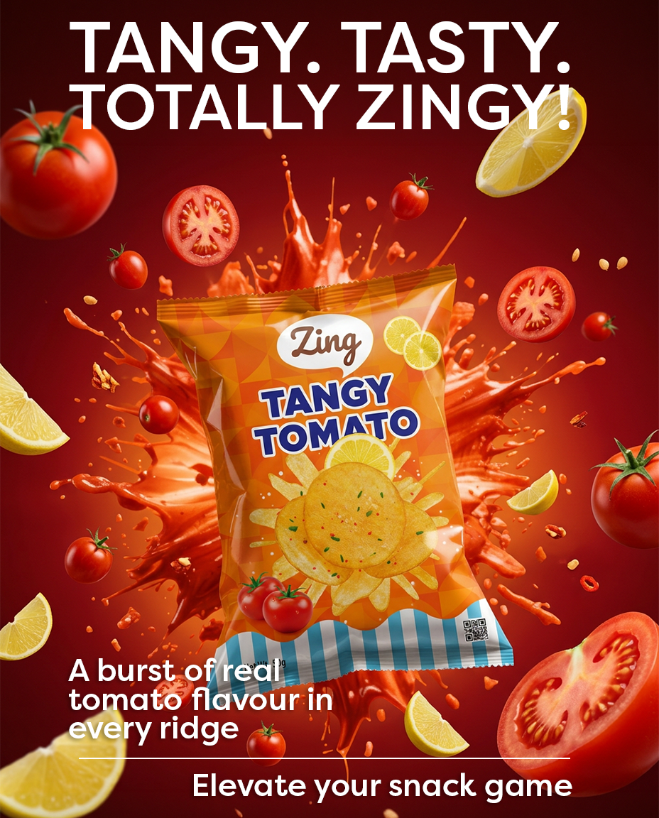 Promotional image for Zing Tangy Tomato chips showing a bag mid-splash with tomatoes and lemon slices; tagline reads 'Tangy. Tasty. Totally Zingy!' and 'Elevate your snack game'.