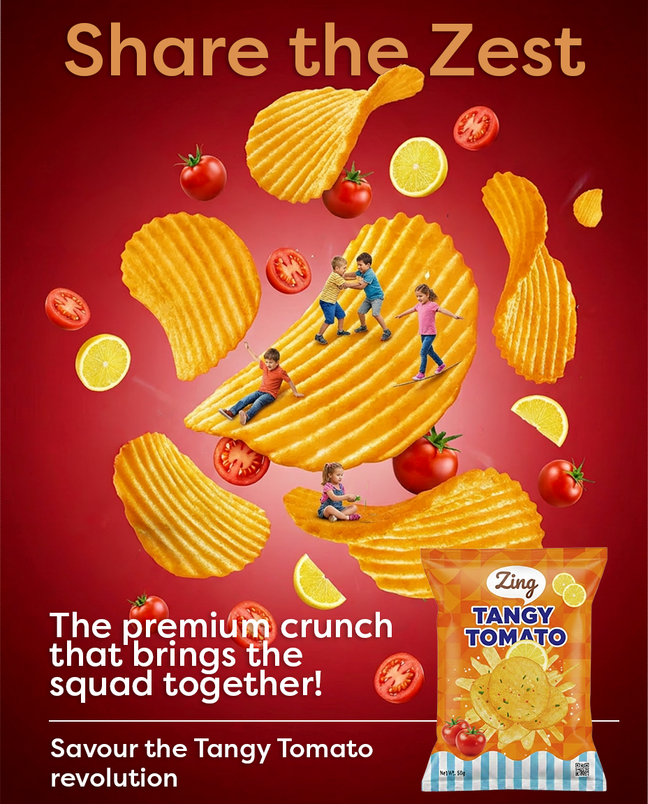 Ad for Zing Tangy Tomato chips showing kids playing on a giant potato chip with tomatoes and lemon slices; slogan 'Share the Zest'.